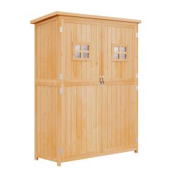 Outsunny Abri de Jardin en Bois Armoire de Jardin dim. 127,5L x 50l x 164H cm 2 étagères 2 Portes 2 fenêtres Toit bitumé étanche Bois Massif Sapin pré-huilé Bois Naturel