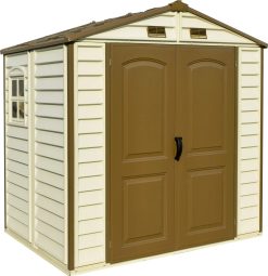 StoreAll 8 x 6 (3.85 m²) Abri de jardin en plastique avec 1 fenêtre fixe et kit de fondation en métal, structure de toit en métal robuste, ignifuge et sans entretien - Ivory/Brown