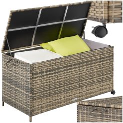 tectake® Coffre de jardin Exterieur, Coffre à Coussins 297 L en Aluminium Polyrotin 117 x 54 x 64 cm avec Roulettes, Couvercle Rabattable, Poignées pour Rangement des Outils de Jardin, Matelas, Jouets