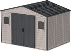 WoodBridge II PLUS 10.5 x 8 (7.64 m²) Abri de jardin en plastique avec kit de fondation et 2 fenêtres fixes - Structure de toit en métal robuste, Sans entretien, Gris foncé/ Adobe